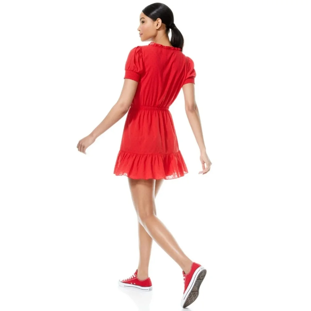 Alice + Olivia Red Swiss Dot Tie Waist Button Dress Sz 6 Ruffle Feminine Chic